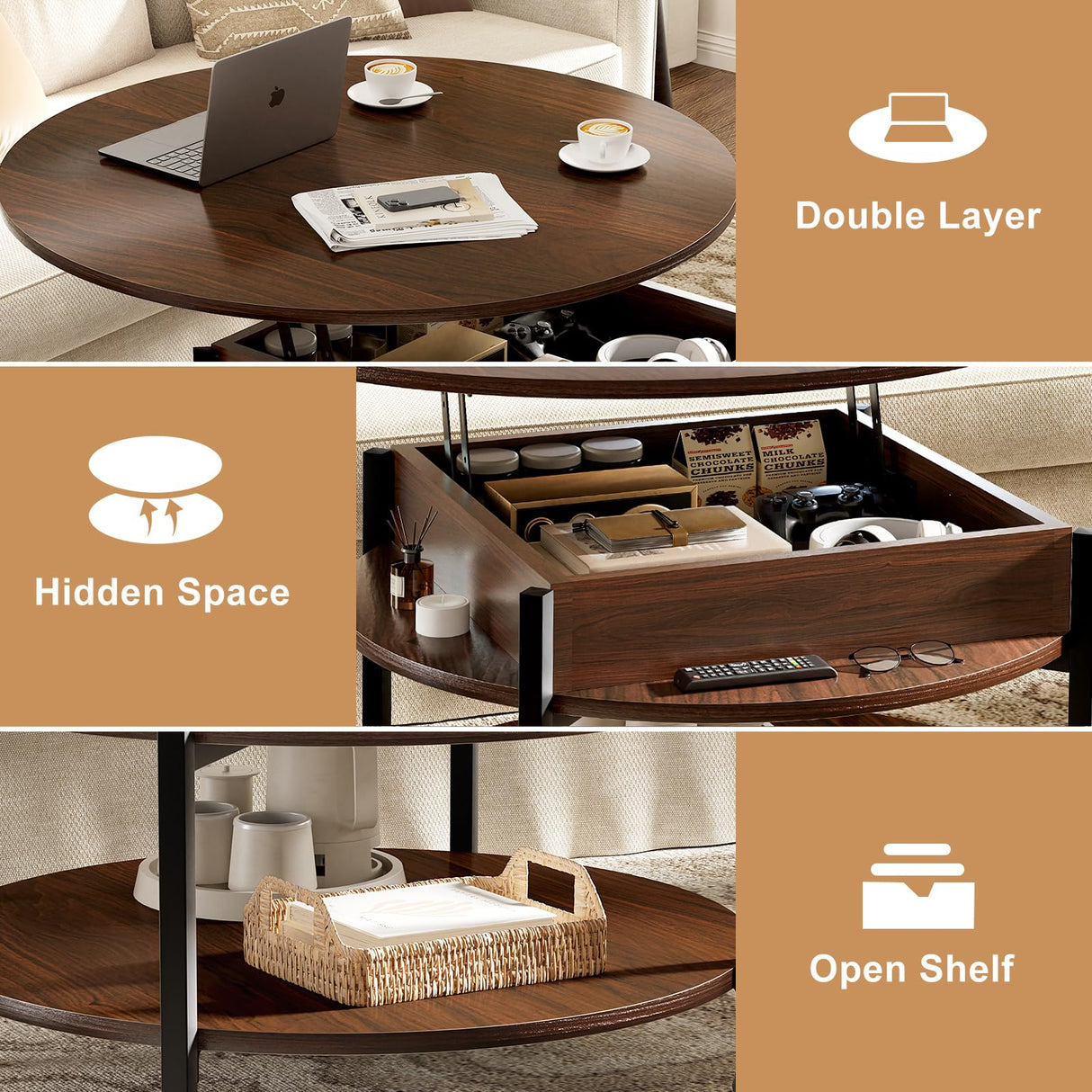 FABATO Round Lift Top Coffee Table with Wheels, Circle Center Table with Storage and Compartment, 26.77’’ Rolling Coffee Table for Living Room, 2 Tier Small Coffee Table Circle Dining Table, Espresso FABATO