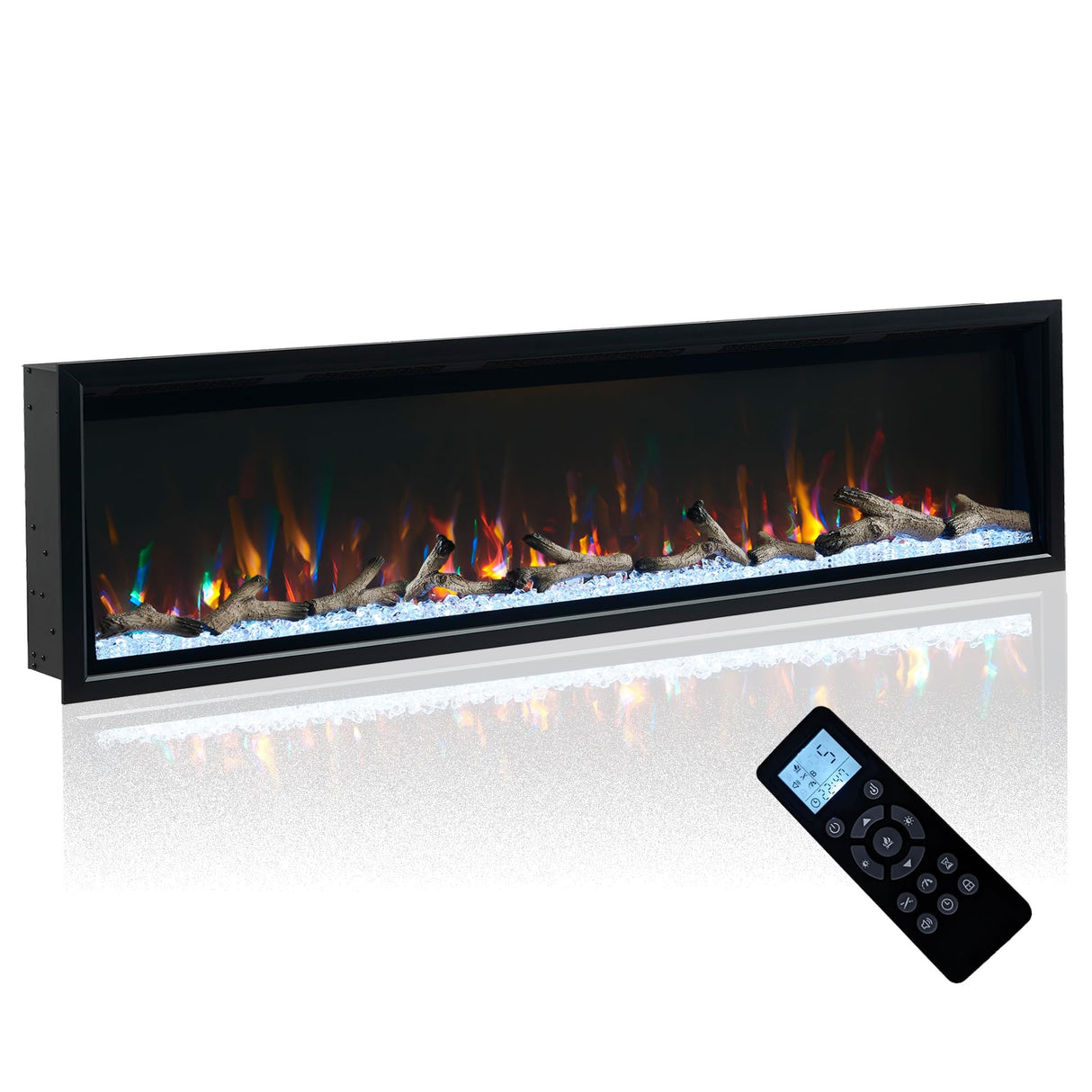 Unineo 72 Inch Electric Fireplace w/Aluminum Frame, Hidden Air Vents Design, Recessed and Wall Mounted Fireplace Heater w/Thermostat, 12×13×5 Realistic Flame, Visual Remote, Log and Crystal, Black Unineo