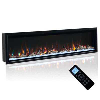 Unineo 72 Inch Electric Fireplace w/Aluminum Frame, Hidden Air Vents Design, Recessed and Wall Mounted Fireplace Heater w/Thermostat, 12×13×5 Realistic Flame, Visual Remote, Log and Crystal, Black