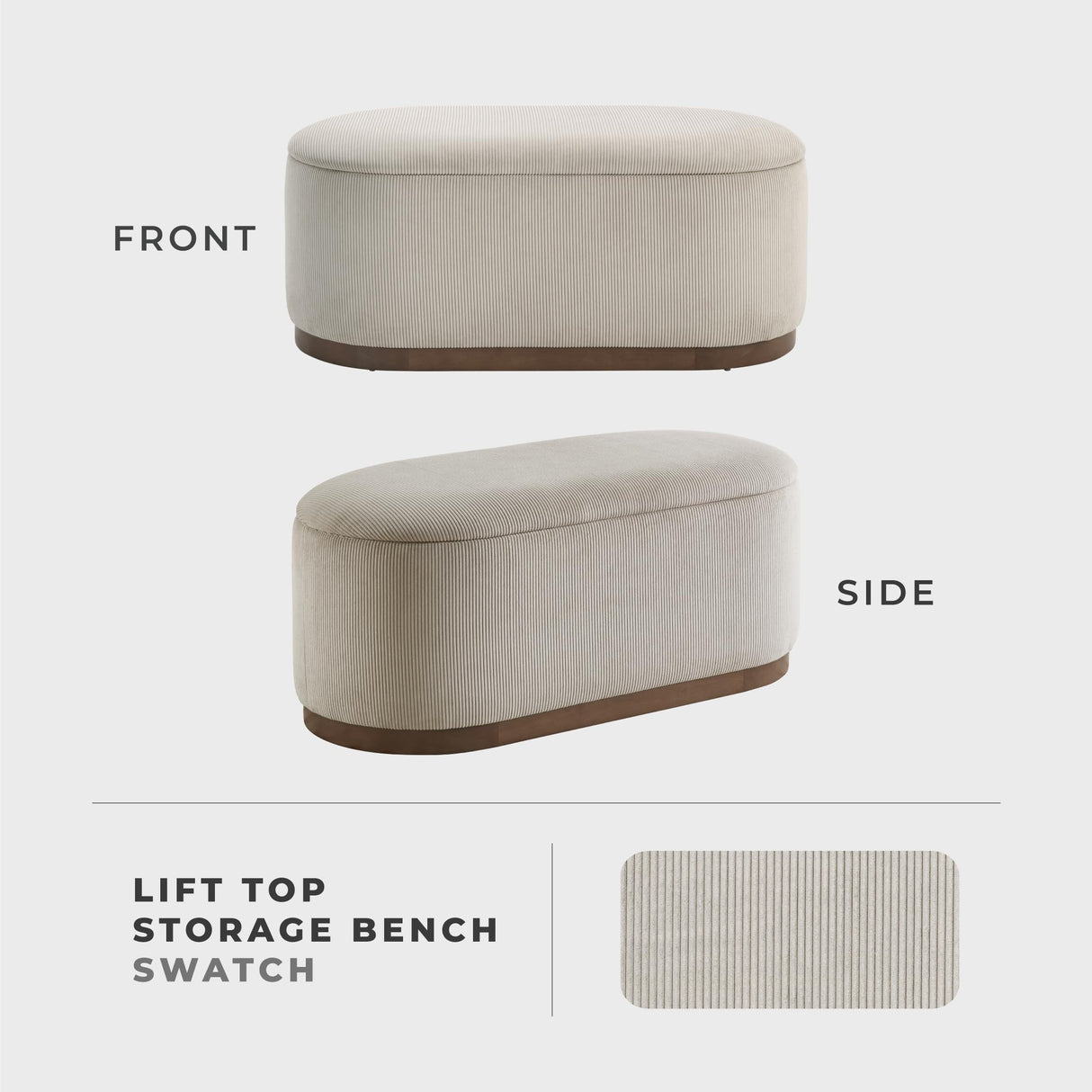Lexicon Lift Top Storage Bench, Corduroy Fabric Upholstered Oval Entryway Bench, Modern Striped Storage Chest for Entryway/Living Room/Bedroom, Taupe Lexicon