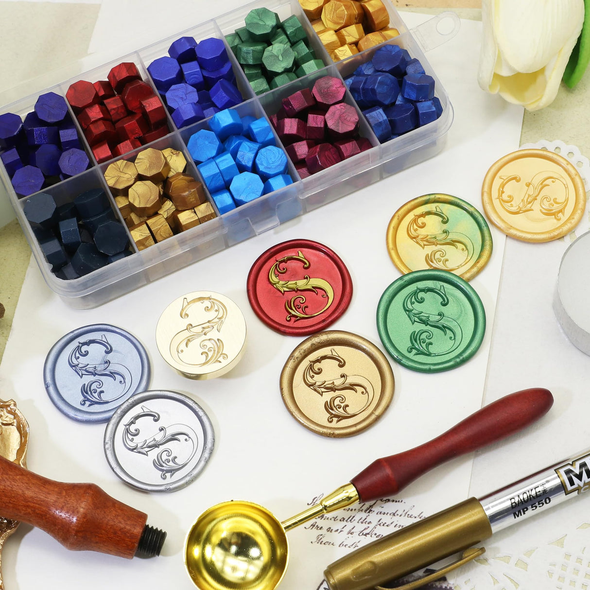 Letter Wax Seal Stamp Kit, SWANGSA 3D Floral Initial Alphabet S Sealing Stamp and 200pcs Sealing Wax Beads Kit for Wedding Invitations Cards Envelopes SWANGSA