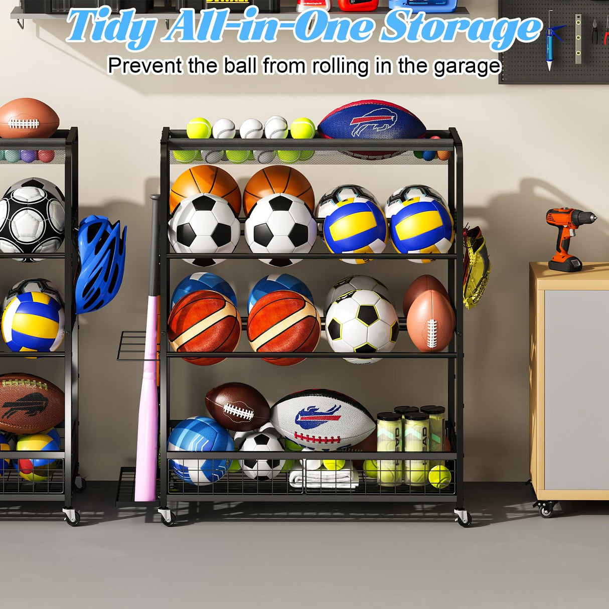 Jsskeeim Garage Sports Equipment Storage Rack,Wheeled Sports Ball Storage Bin,Garage Sports Equipment Organizer,Ball Organizer Toy Organizer with Baseball Bat Holder and Hooks-Black Jsskeeim