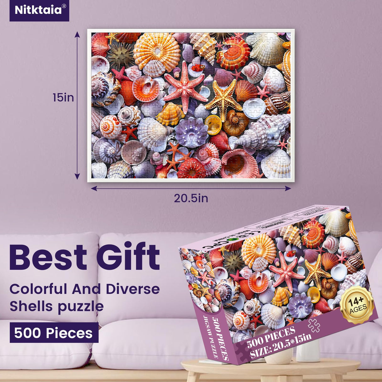 500 Pieces Jigsaw Puzzles for Adults–Colorful Beach Shells Puzzle for Adults Children Elderly–Recycled Paper Puzzle 500 Pieces–Glossy, Sturdy Pieces Challenging Family Game Great Gift Idea (20.5x15in) Nitktaia