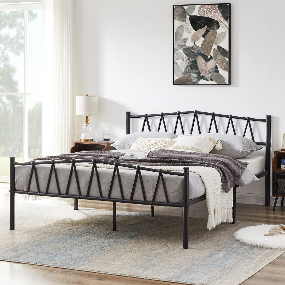 VECELO Queen Size Bed Frame, Bohemian Style Headboard,Queen Platform Mattress Base/Underbed Storage Space/No Box Spring Needed, Heavy Duty Bed Frame, Black VECELO