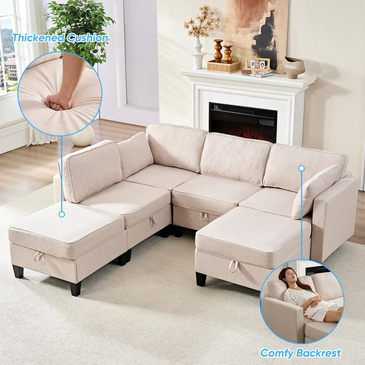 Mjkone 109" Width Modular U Shaped Sofa Couch with Storage, Convertible Sectional Couches for Living Room Sets Furniture with Reversible Chaise, 4 Seat Sofa Couch with Ottomans for Home Office, Beige Mjkone