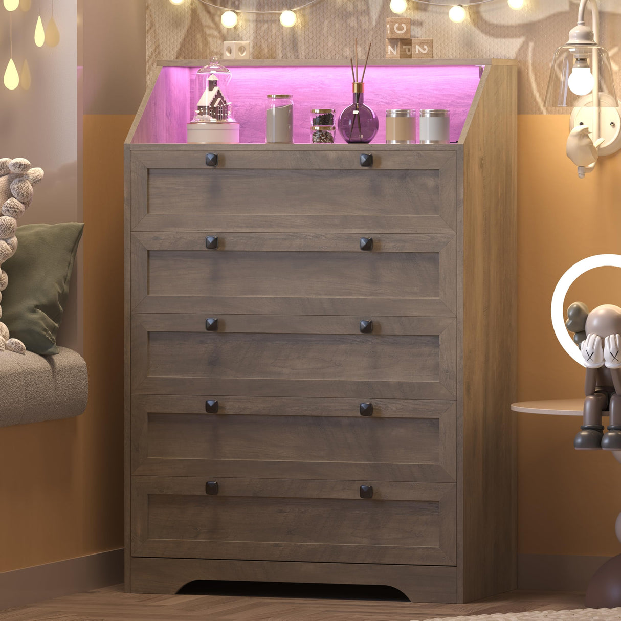 Wodeer Grey Dresser Tall 5 Drawer Dresser for Bedroom, Wood Chest of Drawers with LED Lights, Charging Station, Metal Handles, Modern Storage Cabinet and Organizer Drawers for Living Room, Hallway Wodeer