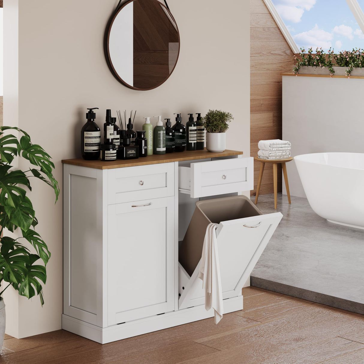 Yongchuang Double Tilt Out Trash Can Cabinet 20 Gallon, Kitchen Wooden Hidden Garbage Can Cabinet with Drawer, Tilt Out Laundry Hamper Cabinet with Storage White Yongchuang