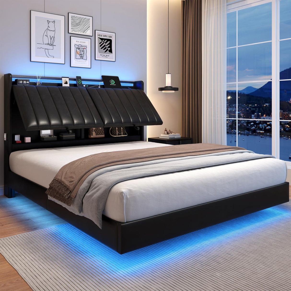 Jocoevol Queen Size Floating Bed Frame with Ergonomic Hidden Storage Headboard and LED Lights, Visual Floating LED Bed Frame with Charing Station, Leather Upholstered Platform Bed, Heavy Duty, Black Jocoevol
