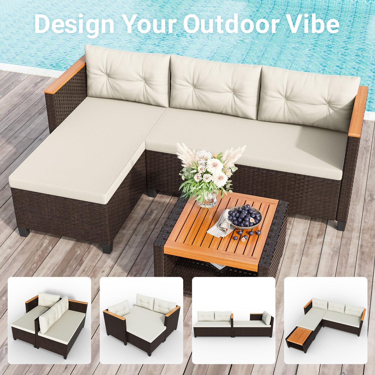 Green4ever 3-Piece Outdoor Patio Furniture Set, All-Weather PE Rattan Patio Sofa with Storage Table, L Shaped Outdoor Couch with Cushions, Small Patio Sectional for Balcony Garden, Beige Green4ever