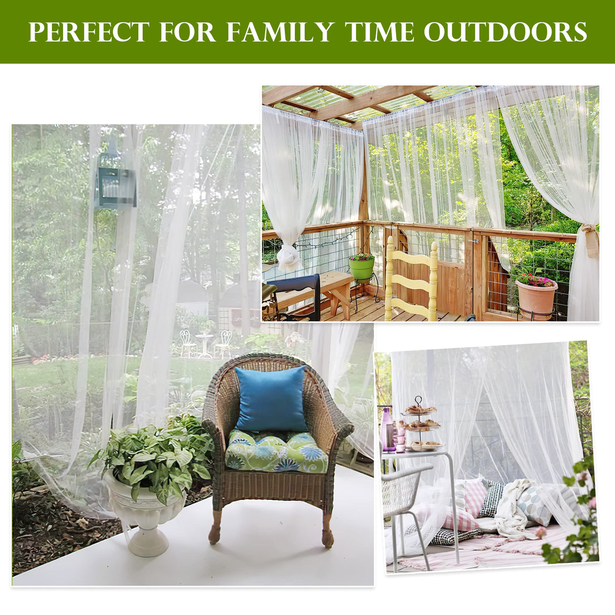 RYB HOME 2 Panels Porch Screen Mesh Outdoor Curtains Lightweight Mosquito Netting for Patio Gazebo Pool Hut Bug Garden Netting Size Adjustable, White, 118 inches Wide x 84 inches Long RYB HOME