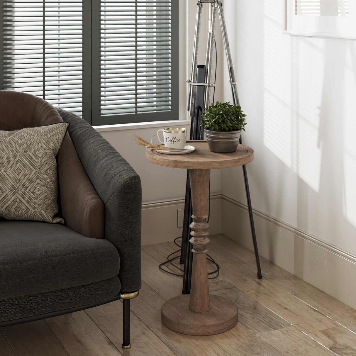 COZAYH Pedestal Small Drinking Table, Farmhouse Tray Top End Table, Distressed Finish, Wood Color COZAYH