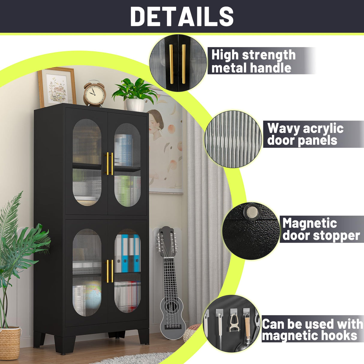 PAOFIN 61" Black Pantry Storage Cabinet, Kitchen Pantry Cabinet with Acrylic Glass Doors and Shelves, Kitchen Pantry with Adjustable Leveling Foot for Kitchen, Living Room and Dining Room. 61" PAOFIN