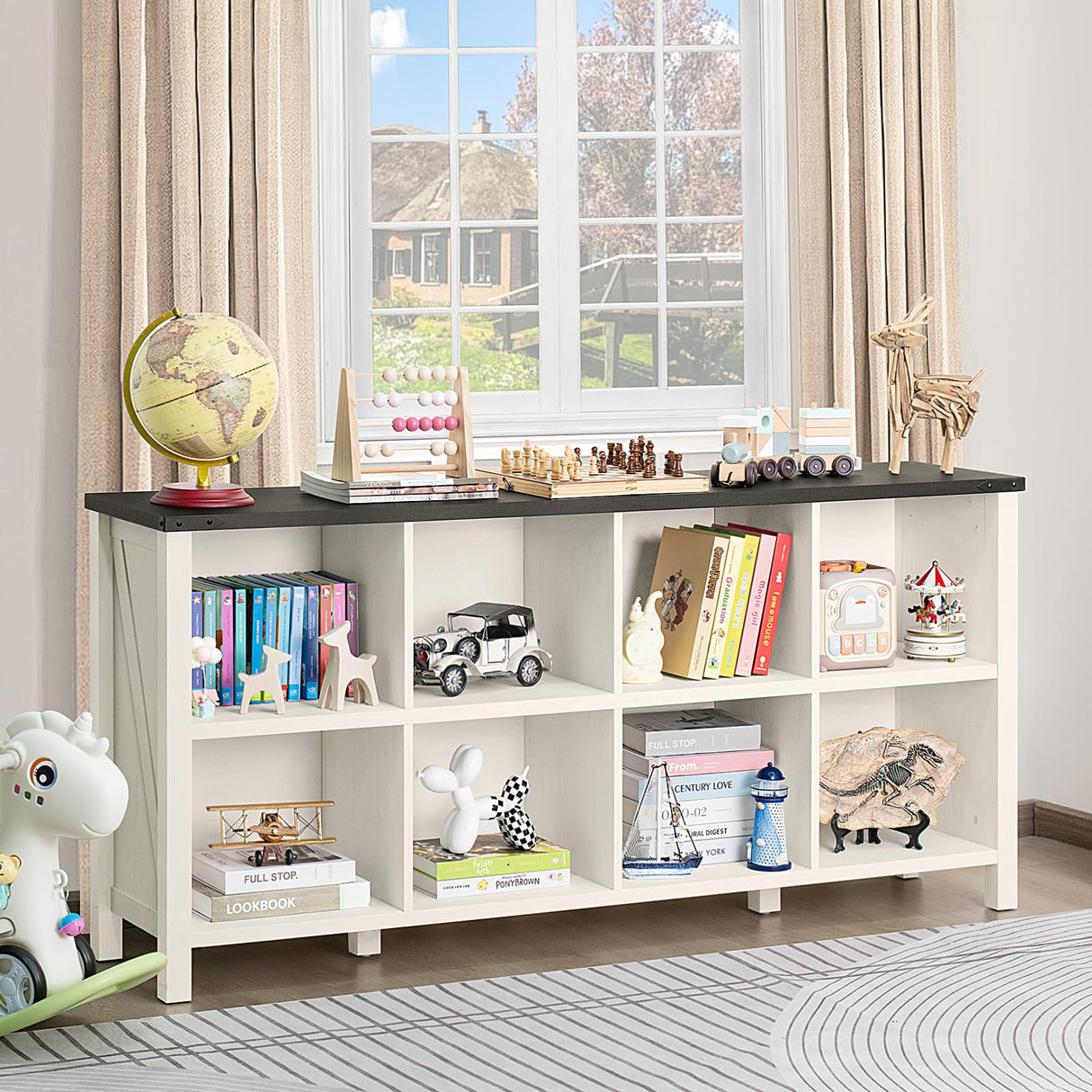 Joaxswe 8 Cube Book Shelf, Farmhouse Wood Long Storage Organizer Bookcase, 62" Horizontal Antique White & Black Console Bookshelf, Kids Toy Storage Cabinet, Modern Open Book Case for Playroom, Office Joaxswe