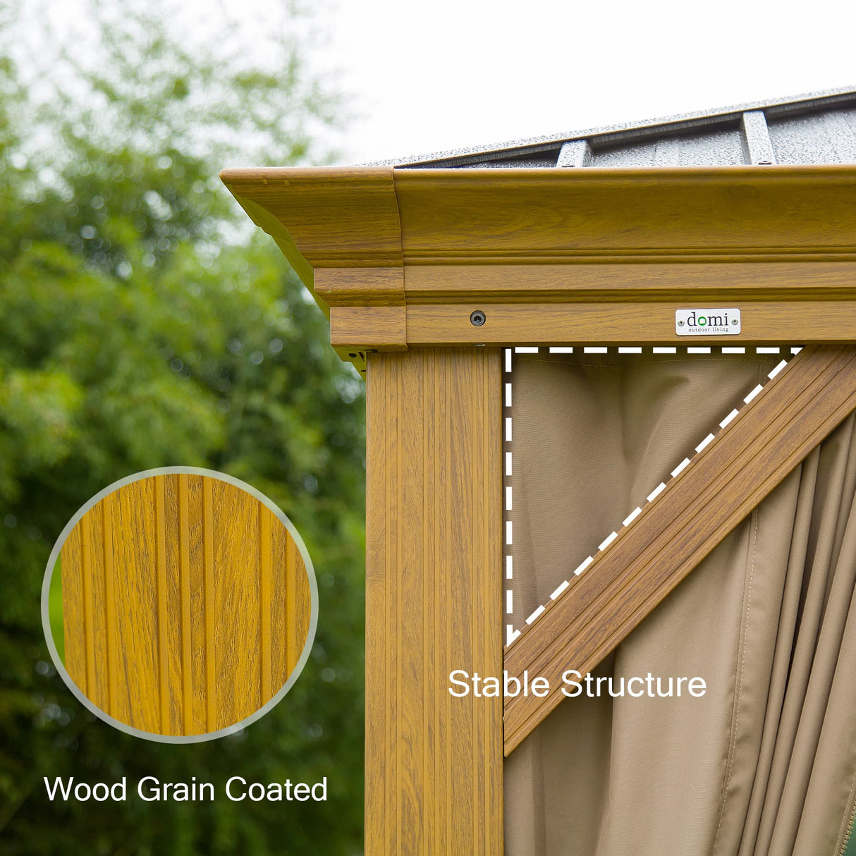 Domi 10'x12' Outdoor Hardtop Gazebo Permanent Canopy with Galvanized Steel Roof,Aluminum Frame,Curtains and Netting,for Patios,Backyard,Lawns(Wood Grain Coated) domi outdoor living