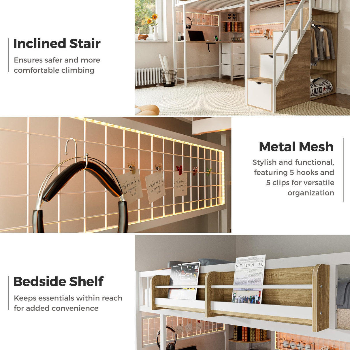 Kikihouse Twin Loft Bed with Desk, Storage Stairs & Wardrobe, Metal Loft Bed Frame w/Headboard, Bedside Shelf, Charging Station & 6 Drawers, LED Gaming Bed for Adult Space-Saving Kikihouse