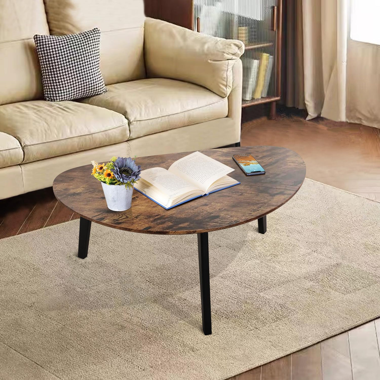 Large Oval Coffee Table Espresso Wood Mid Century Modern Unique Retro Farmhouse - Contemporary Triangle Small Table for Living Room, Bedroom Bedside Table and Office 19" D x 34" W x 16" H WDSHIYI