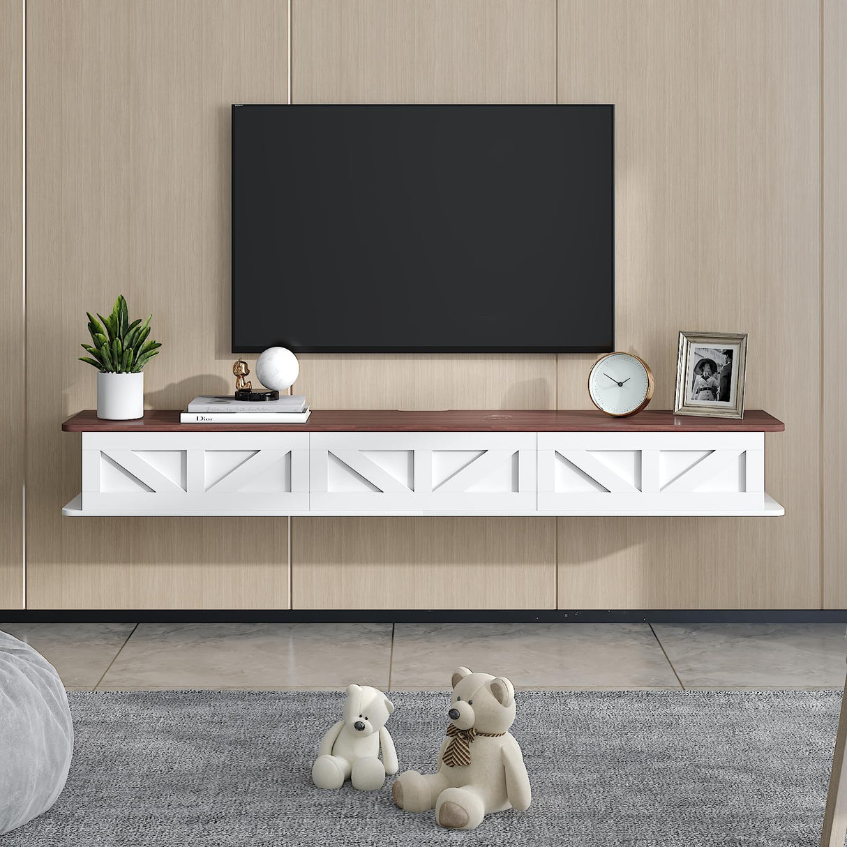 HedoAjim Floating TV Stand for 55 65 70 inch TV, Entertainment Center Media TV Console Shelf and Storage Drawers for Wall for Living Room Bedroom (White) HedoAjim