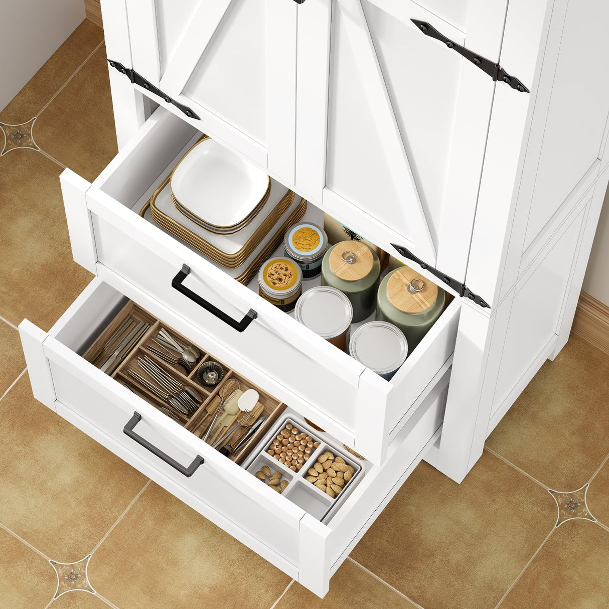 TEENFON 66.2" H Storage Cabinet with 2 Drawers, Farmhouse Kitchen Pantry Cabinet with 2 Doors & Adjustable Shelf, Bathroom Cabinet, for Living Room, Kitchen, Bathroom, White TEENFON