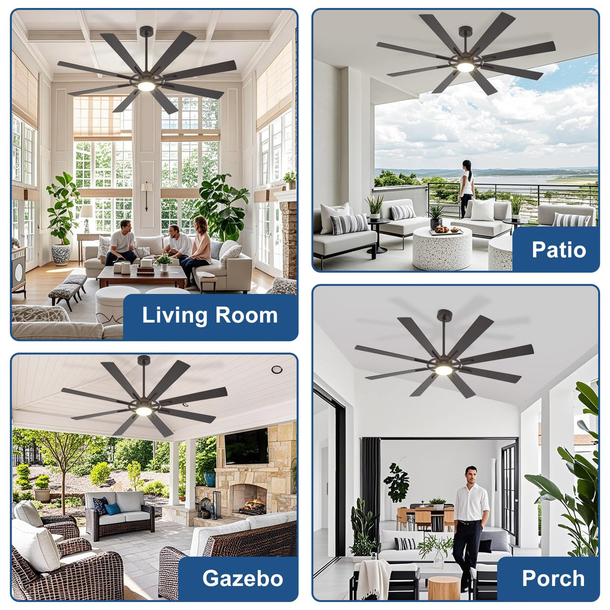 BvenuBigLite Large Ceiling Fans with Lights: Modern 72 Inch 8 Blade Outdoor Ceiling Fan with Remote APP Control - Dimmable Black Big Fan light Indoor Reversible 6 Speed Quiet DC Motor BvenuBigLite