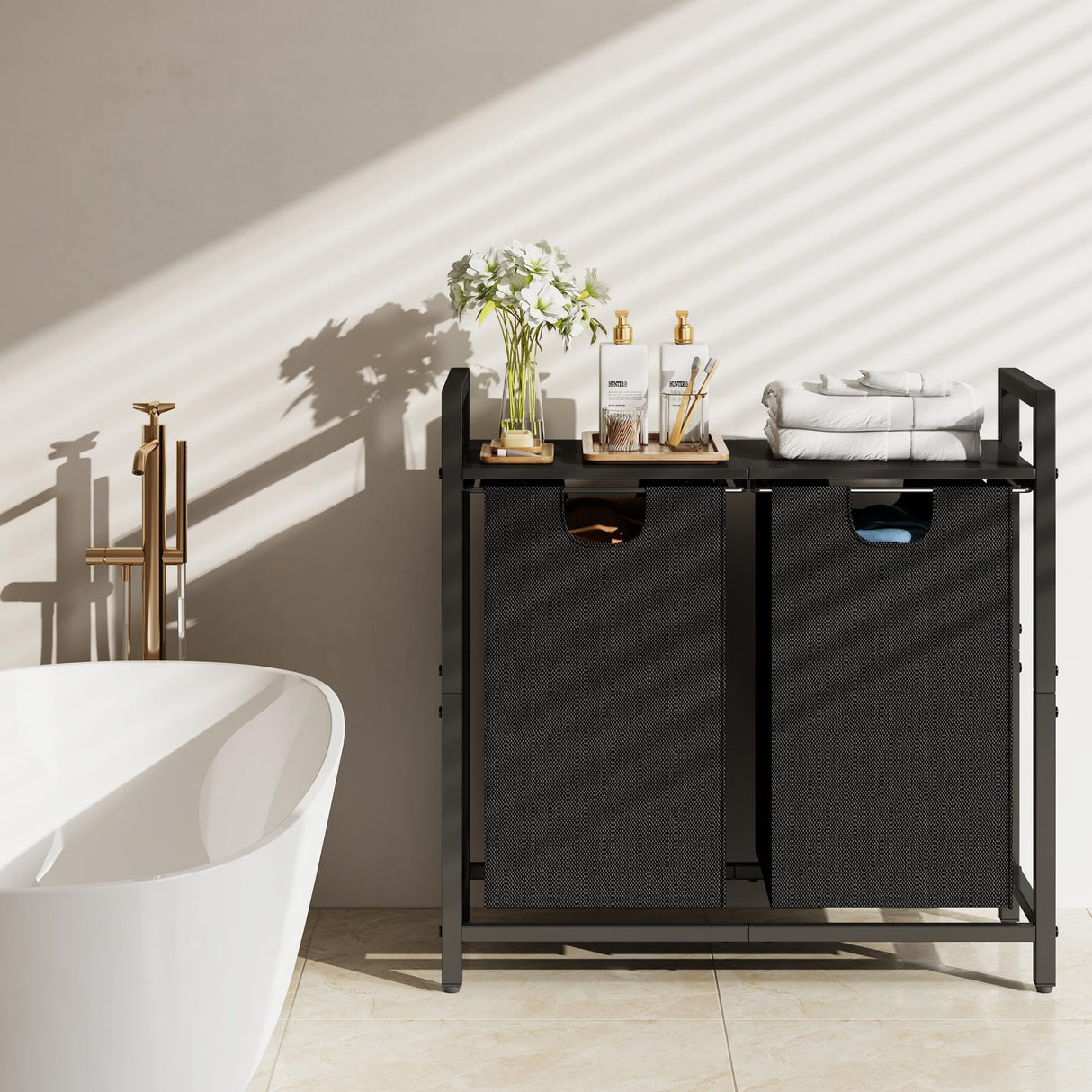 Kitstorack Laundry Basket Organizer, Laundry Hamper with Shelf & 2 Pull-Out Removable Bags, Dirty Clothes Hamper Organizer for Laundry Room Bathroom and Dorm, 2 x 11.8 gallons (44.5L) Kitstorack