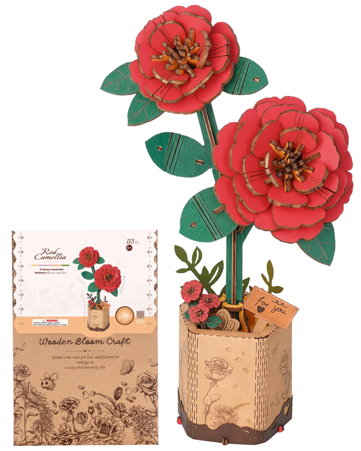 Wowood 3D Flower Wooden Puzzles for Adults-Red Camellia, DIY Wooden Flowers Model Kit Building Set Crafts for Adults to Build, Botanical Collection/Ideal Creative Gift Ideas/Housewarming (113PCS) Wowood