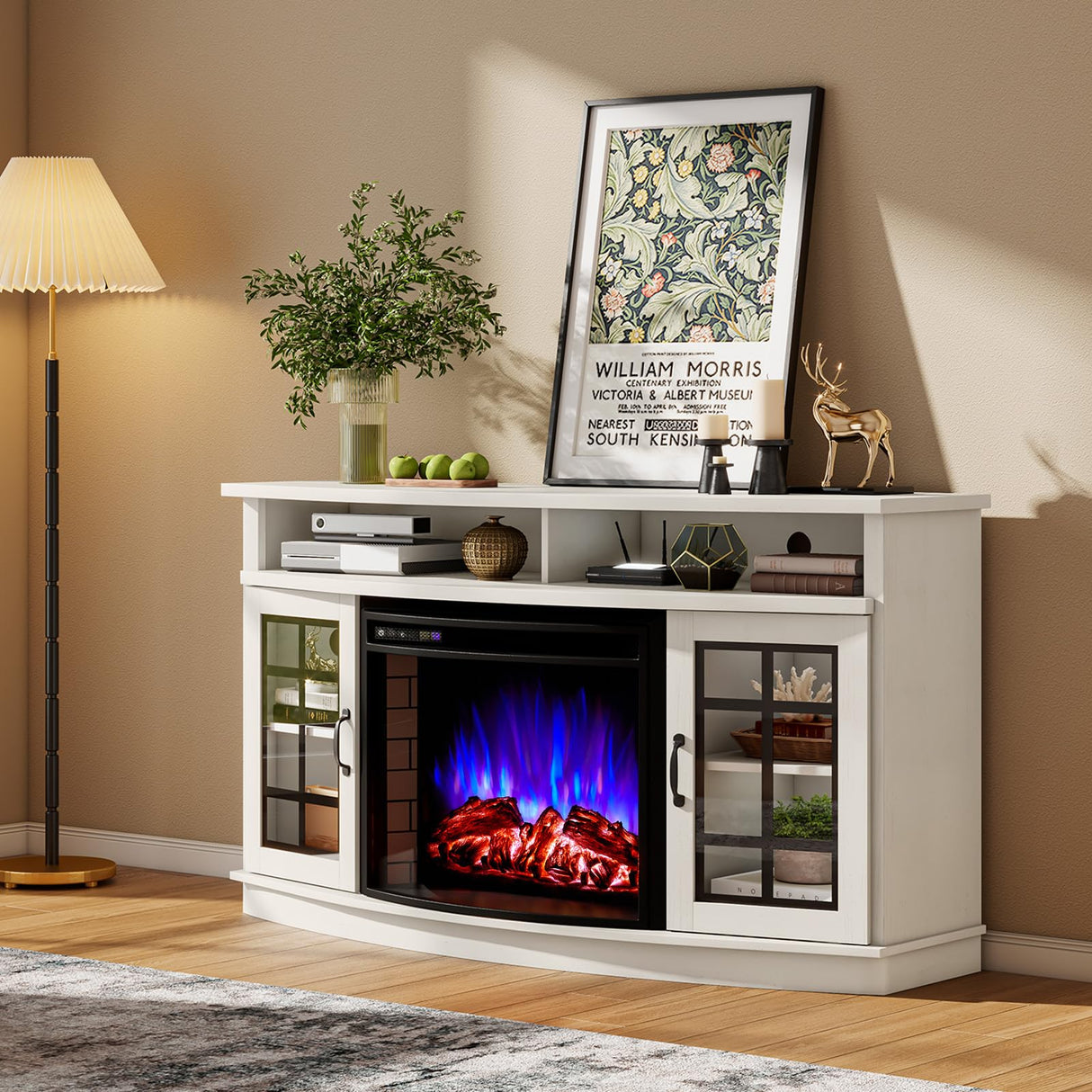 AMERLIFE Curved Fireplace TV Stand with 26'' Electric Fireplace, Media Entertainment Center Farmhouse Glass Door Storage Cabinet, Open Shelve Console Table for TVs up to 65'', Distressed White AMERLIFE