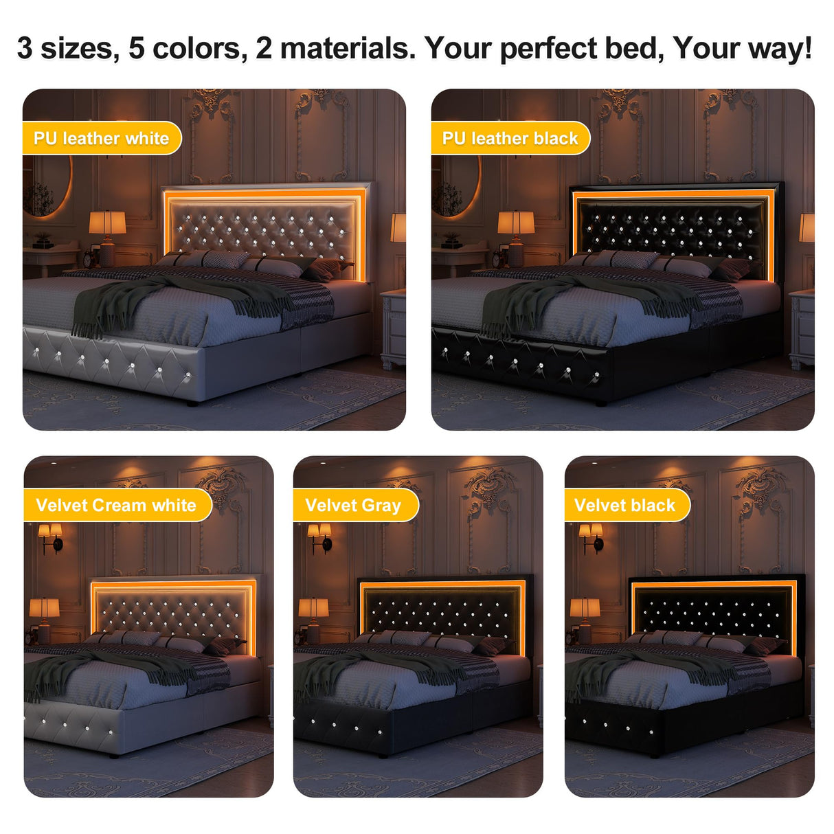 GEGOFORU PU White Queen Bed Frame with LED Lights and Spacious Storage Drawers GEGOFORU