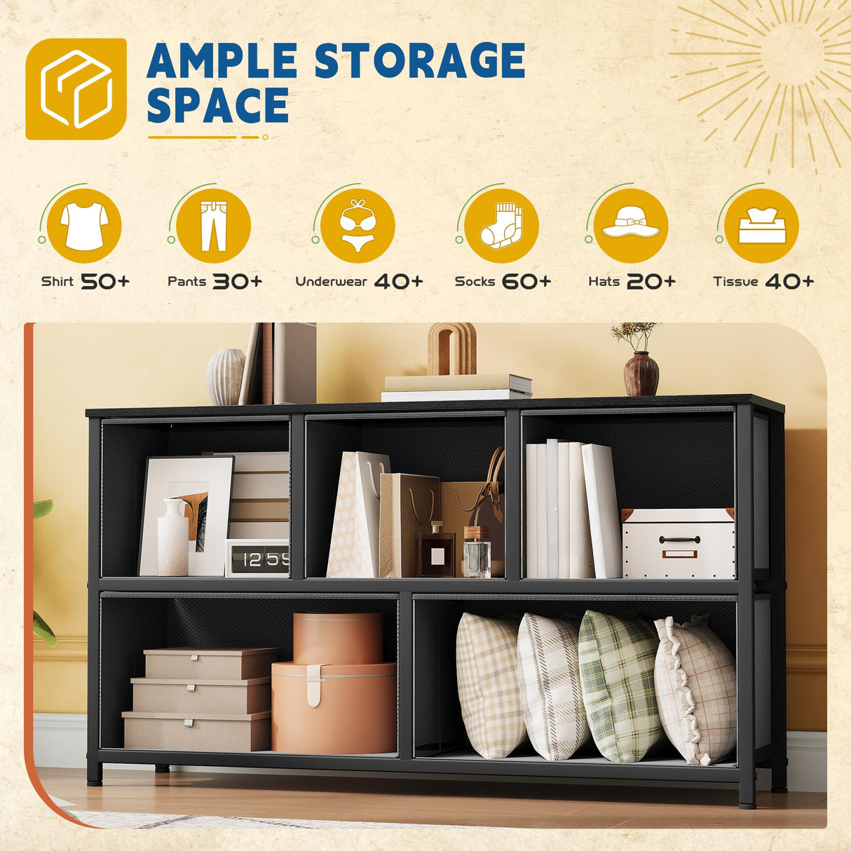 DWVO Dresser with 5 Drawers - Fabric Storage Tower, Organizer Unit for Bedroom, Living Room, Closets - Sturdy Steel Frame, Wooden Top DWVO