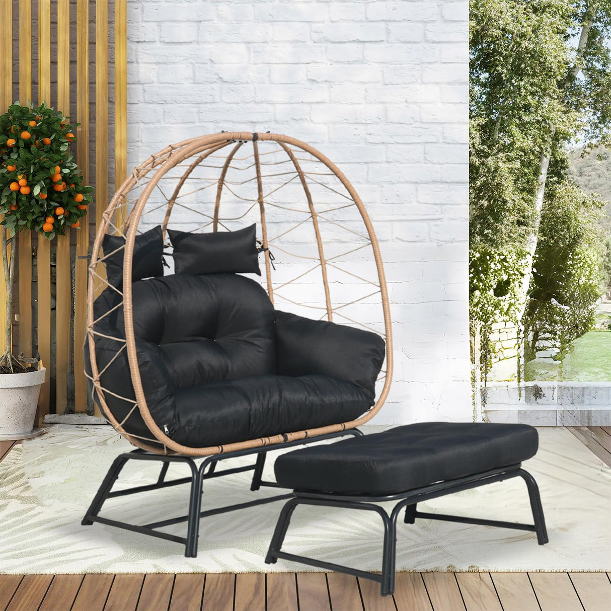 Nevsokio Double Wicker Outdoor Egg Chair,Lounge Chair with Ottoman,Oversized Patio Chair with Footrests,Cushions, Outdoor Indoor Rattan Chair (Rope, Black) Nevsokio