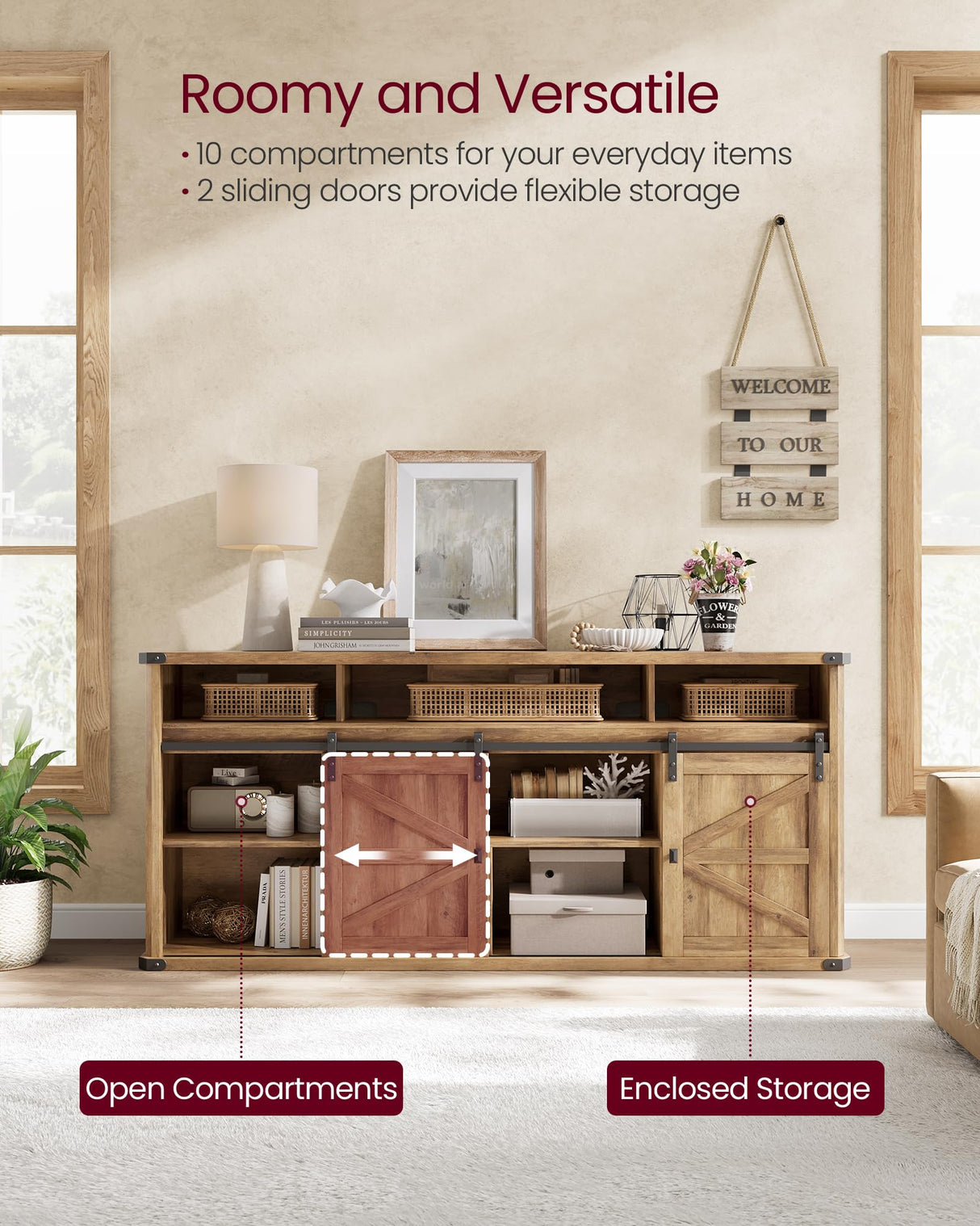 VASAGLE TV Stand for TVs up to 75 Inches, Farmhouse Entertainment Center with Sliding Barn Doors, TV Console Table for Living Room, Honey Brown ULTV323K41 VASAGLE