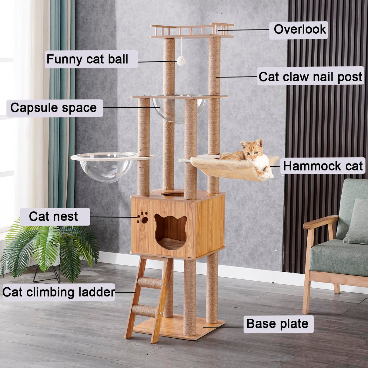 61'' Wooden cat Tree with cat Condo, Cat Stairs Scratching Posts, 2 Bowl,Sisal Scratching Posts,Cozy Cat Hammock and Top Perch. Cat Tree for Large Cats. Yinanroa
