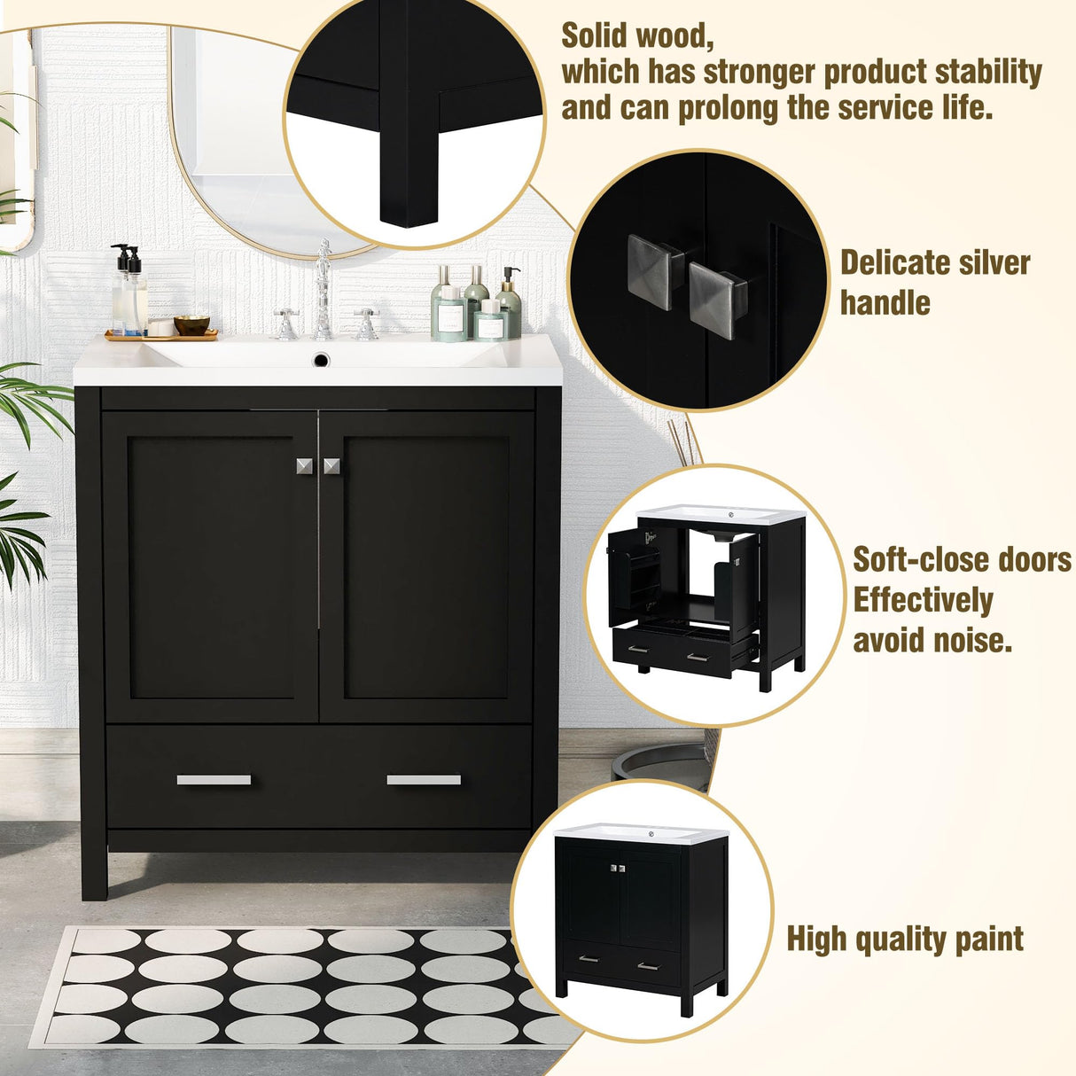 Merax 30" Bathroom Vanity with Single Sink, Combo Cabinet Undermount Sink, Bathroom Storage Cabinet with 2 Doors and a Drawer, Soft Closing, Multifunctional Storage, Solid Wood Frame, Black Merax
