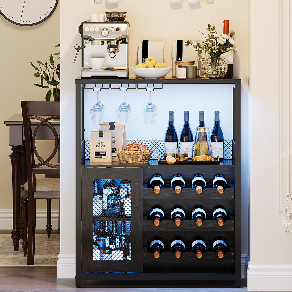 GarveeHome 3-Tier Wine Bar Cabinet with LED Lights, Detachable Wine Rack and Storage Space, Buffet Cabinet with Glass Holder and Mesh Door, for Kitchen, Living Room and Bar, Black GarveeHome