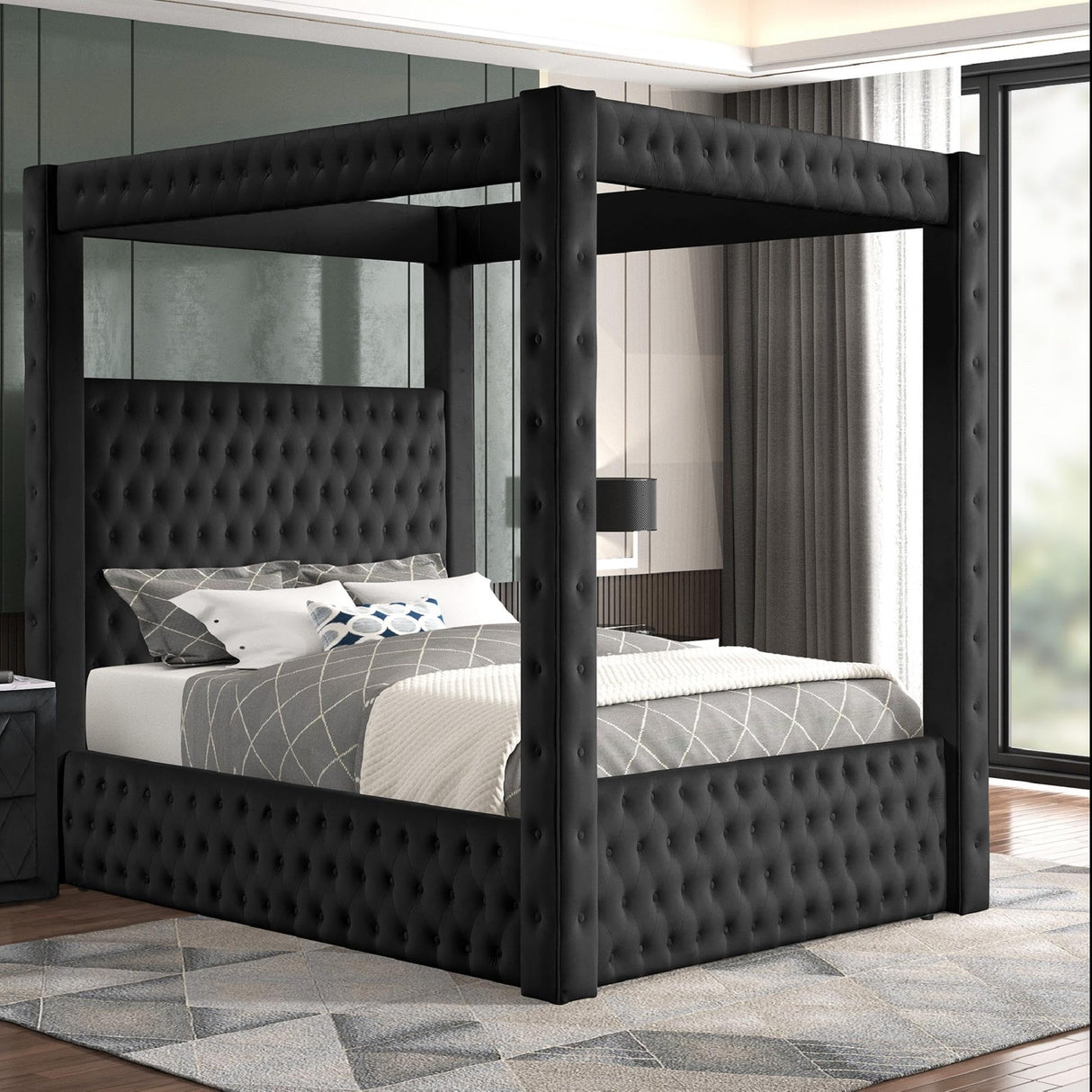Dapedomal Velvet Four Poster Bed Frame - Upholstered Canopy Bed Frame with Exquisite Button Tufted Design and Tall Headboard, Luxury Bed Frames with Wooden Support, Box Spring Required (Black, King) Dapedomal