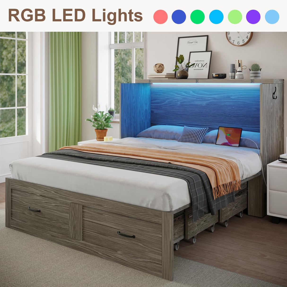 KCGKCG Queen Murphy Bed with Storage & Charging Station, Murphy Cabinet Bed with Large Storage Drawer for Guest Bedroom, Living Room, Office or Small Room, Full Foldable Platform Bed (Grey, Queen) KCGKCG