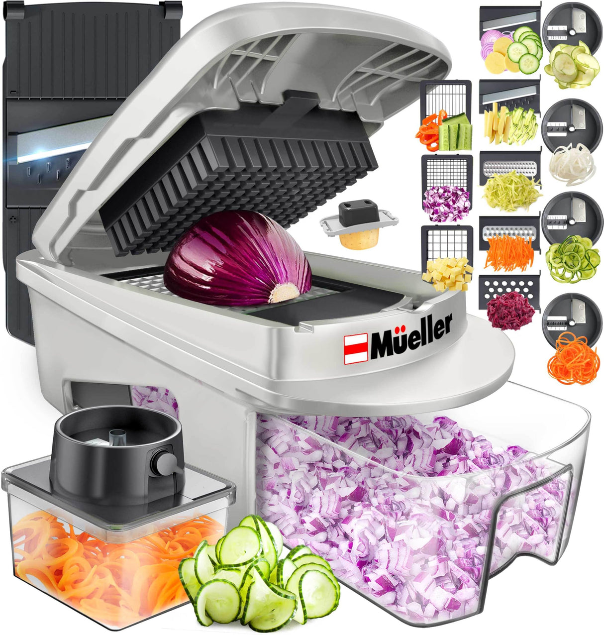 Mueller Pro-Series All-in-One, 12 Blade Mandoline Slicer for Kitchen, Food Chopper, Vegetable Slicer and Spiralizer, Cutter, Dicer, Grater, Kitchen Gadgets Sets with Container, White Sand/Gray Mueller