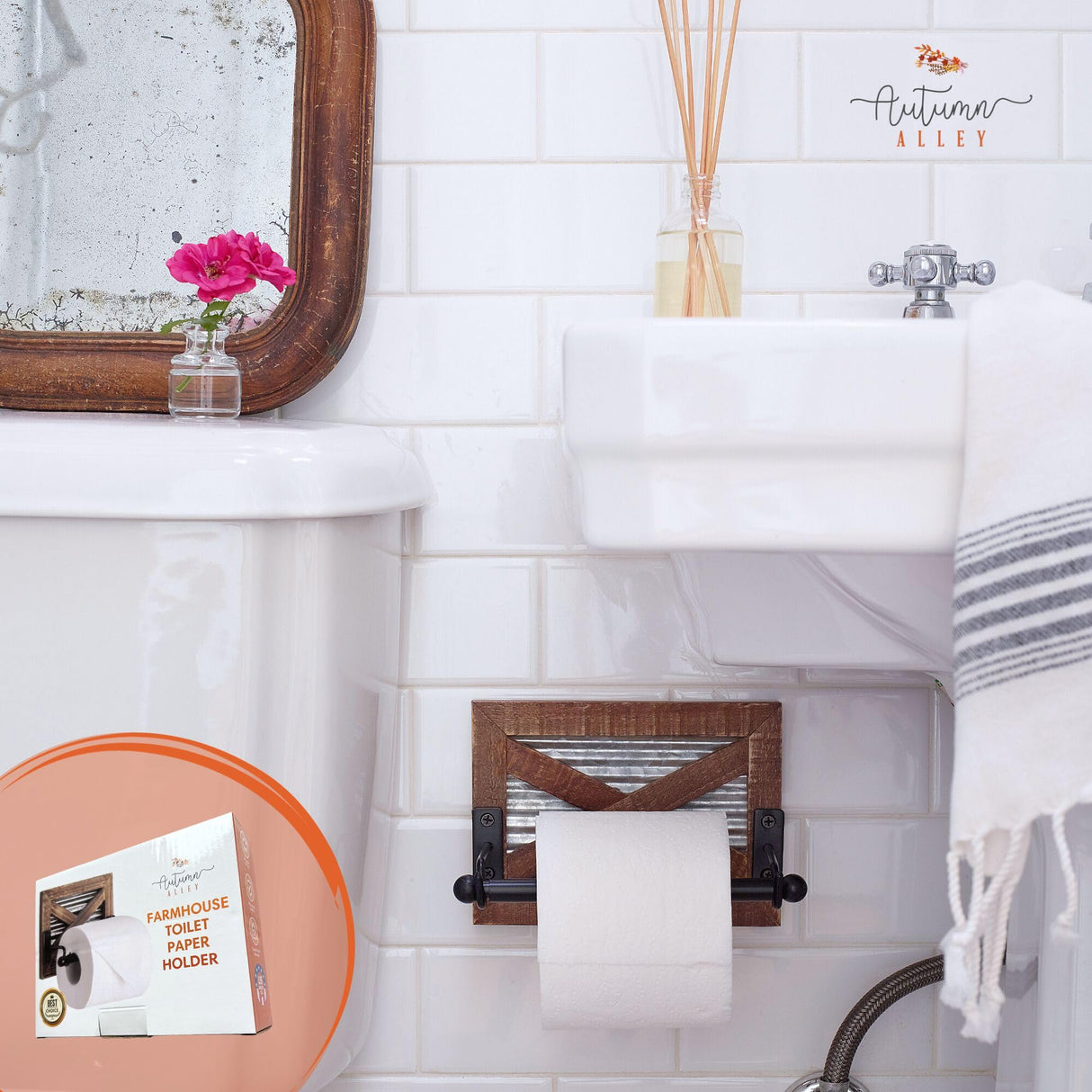 Autumn Alley Rustic Farmhouse Toilet Paper Holder Wall - Farmhouse Bathroom Country Decor Accessories with Warm Brown Wood, Galvanized Metal & Black Adds Western Decor Charm Autumn Alley