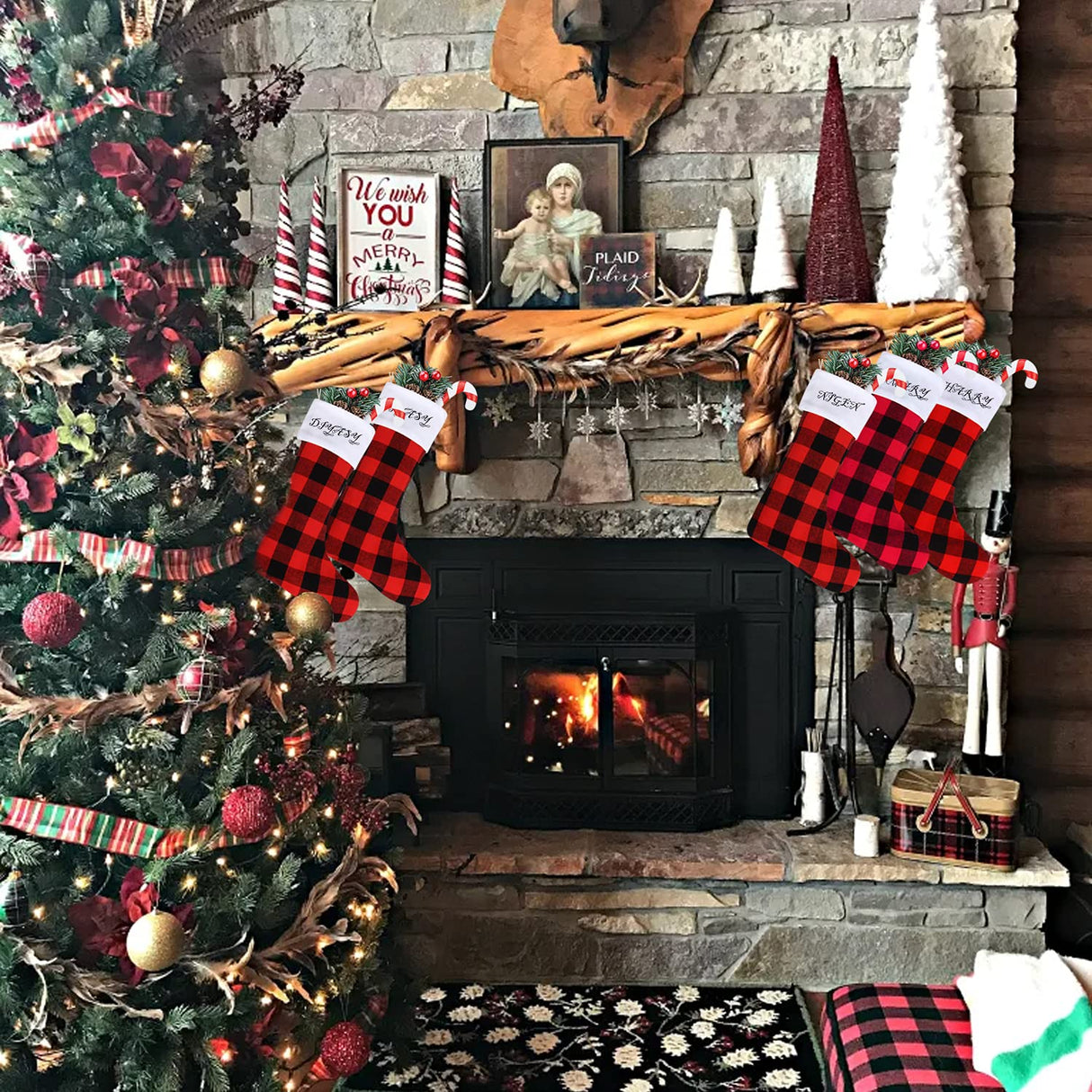 DIYASY Christmas Red Black Buffalo Plaid Stockings,6 Pack 18 Inches Large Plaid Stockings with Plush Cuff,Classic Christmas Stockings Decorations for Fireplace Hanging and Holiday Décor DIYASY