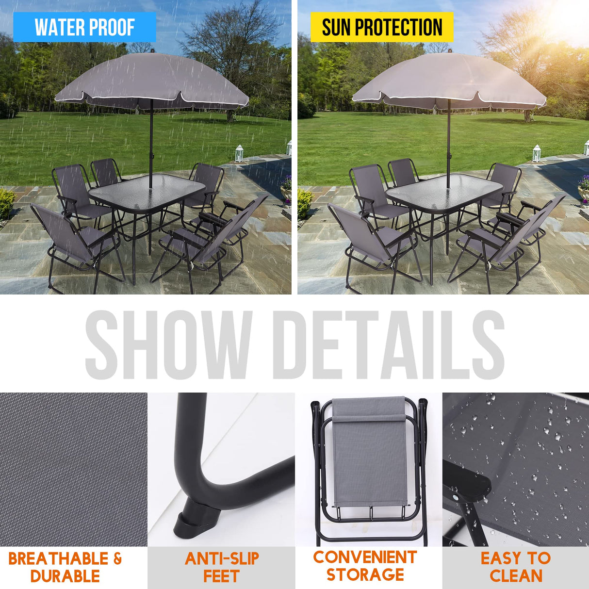 JOYTIO Folding Patio Dining Set, Garden Patio Furniture Set, 8-Piece Outdoor Dining Set with Tilted Removable Umbrella, 6 Folding Chairs, and 1 Rectangular Tempered Glass Table – Grey JOYTIO