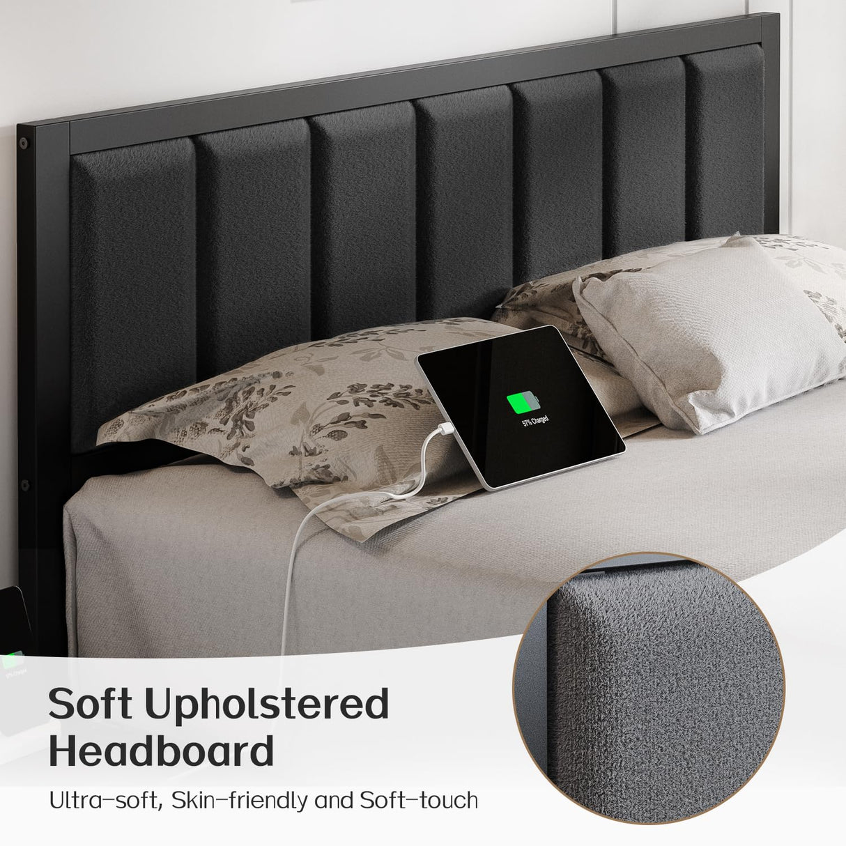 OLEVS Queen Bed Frame with Headboard Metal Platform Bed Queen Size with USB Charging Station and LED Lights, No Box Spring Needed OLEVS