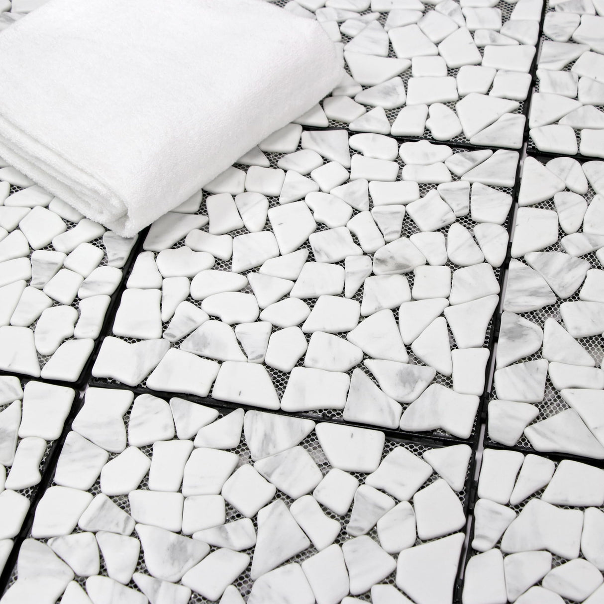 SUNWINGS 4PCS Natural Stone Interlocking Deck Tiles 12"x12" Pebble Waterproof Patio Deck, Outdoor Indoor Floor Decking Tiles for Porch Poolside Balcony Backyard, Carrara White sunwings