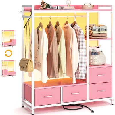 Cyclysio Dresser with Hanger Rack, 4 Drawers Dresser for Bedroom with Power Outlet and LED Lights, Cute Dresser with Storage Shelf for Bedroom Living Room, Pink