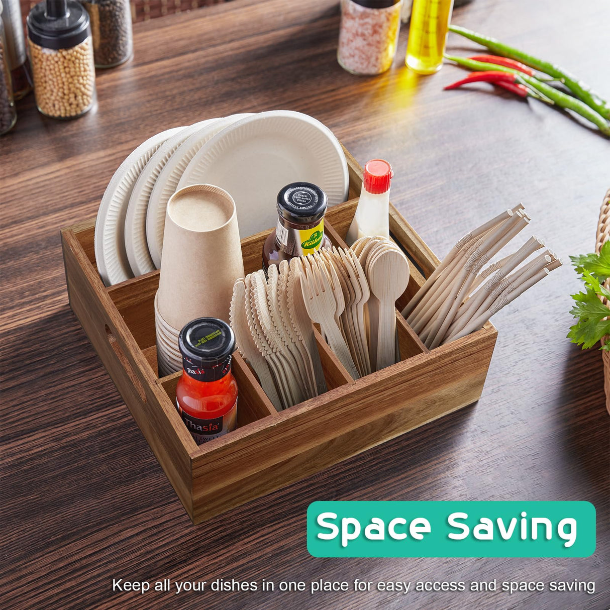 ALELION Acacia Wood Utensil Holder for Party - Paper Plate Organizer for Countertop - Silverware Caddy with 6 Compartments for Plate, Cup, Fork, Spoon - Cutlery Holder for Kitchen Camping Buffet ALELION