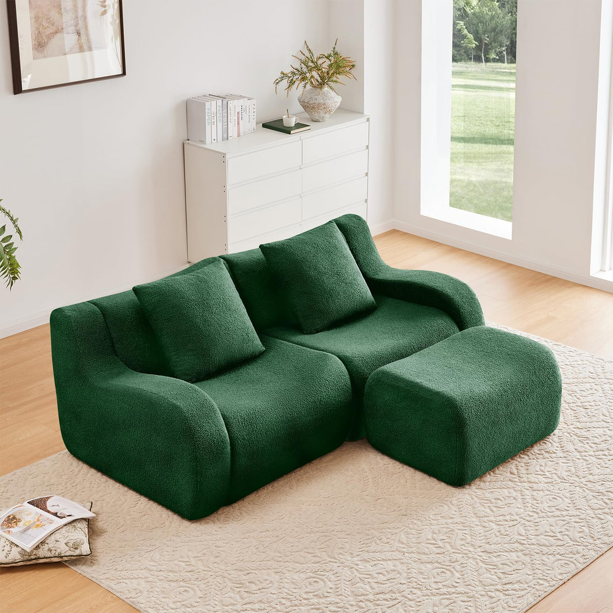 Green Modular Cloud Couch Loveseat with 1 Ottoman, Teddy Fabric Boneless Sectional Sofa in a Box, Comfortable Floor Sofa for Living Room, No Assembly Required, Sofas para Sala ODUSE-DAILY