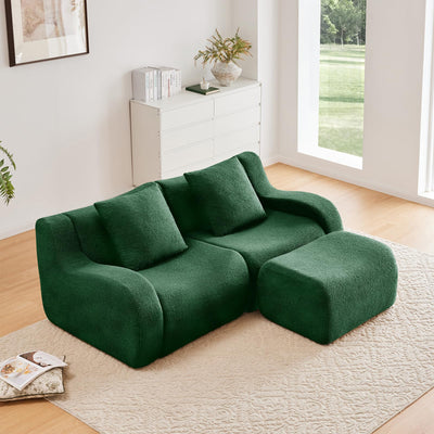 Green Modular Cloud Couch Loveseat with 1 Ottoman, Teddy Fabric Boneless Sectional Sofa in a Box, Comfortable Floor Sofa for Living Room, No Assembly Required, Sofas para Sala