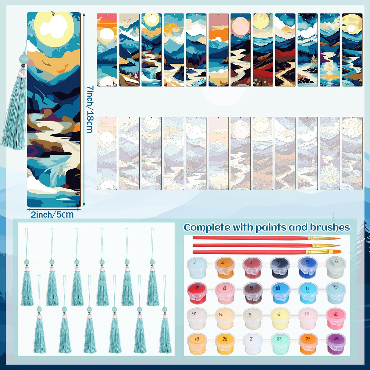 Kosiz 12 Pcs Mountain Paint by Numbers Kit for Adults Wood Bookmarks Painting Decor Mini Paint by Numbers Kits Tassels Blank Bookmarks Ornament for Small DIY Book Lovers Birthday Craft Gift 7x2 '' Kosiz