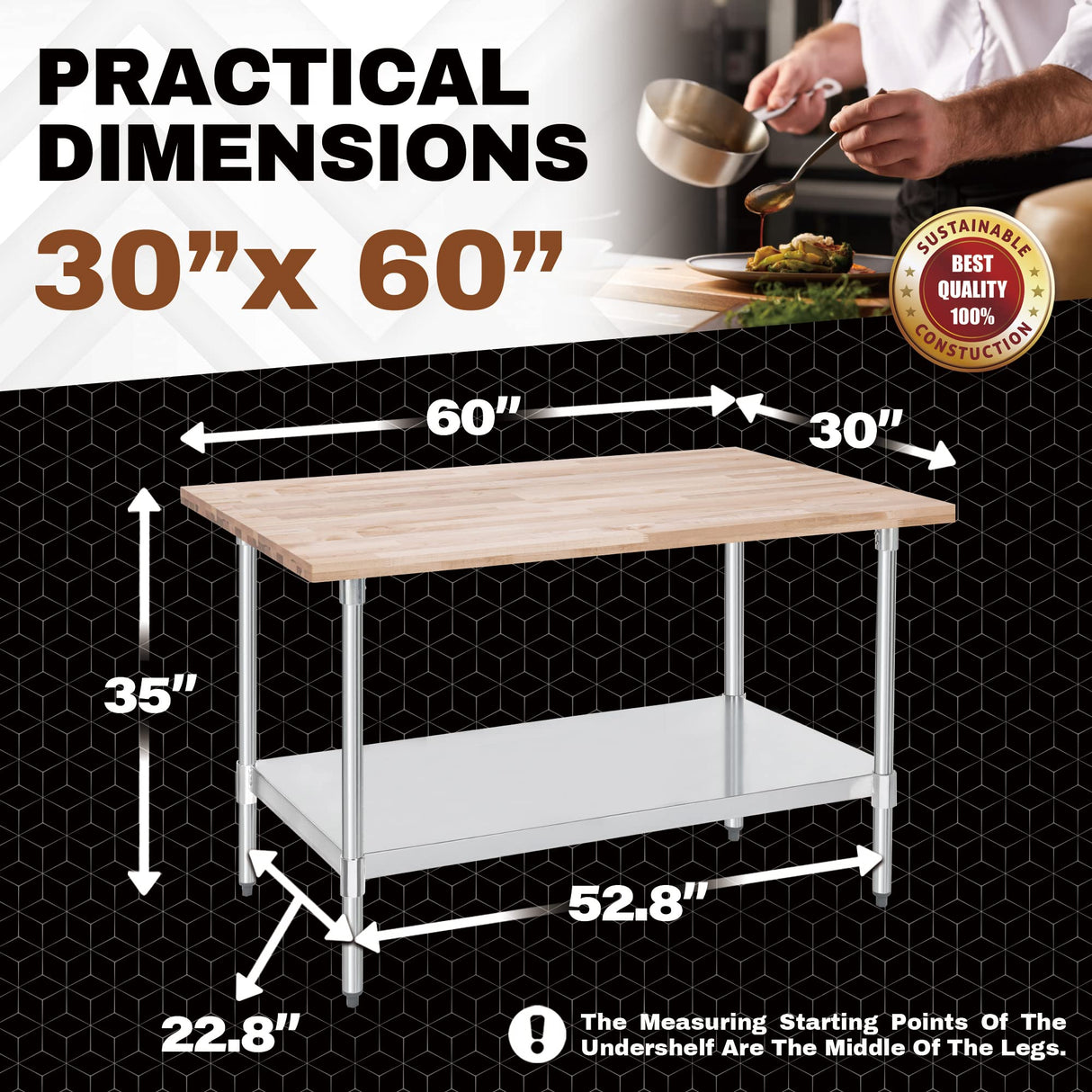 DuraSteel US Maple Top Work Table - 30 x 60 x 35 Inch Commercial Butcher Block Wooden Workbench with Adjustable Lower Shelf - Fits Restaurant, Warehouse, Home, Kitchen, Garage DuraSteel