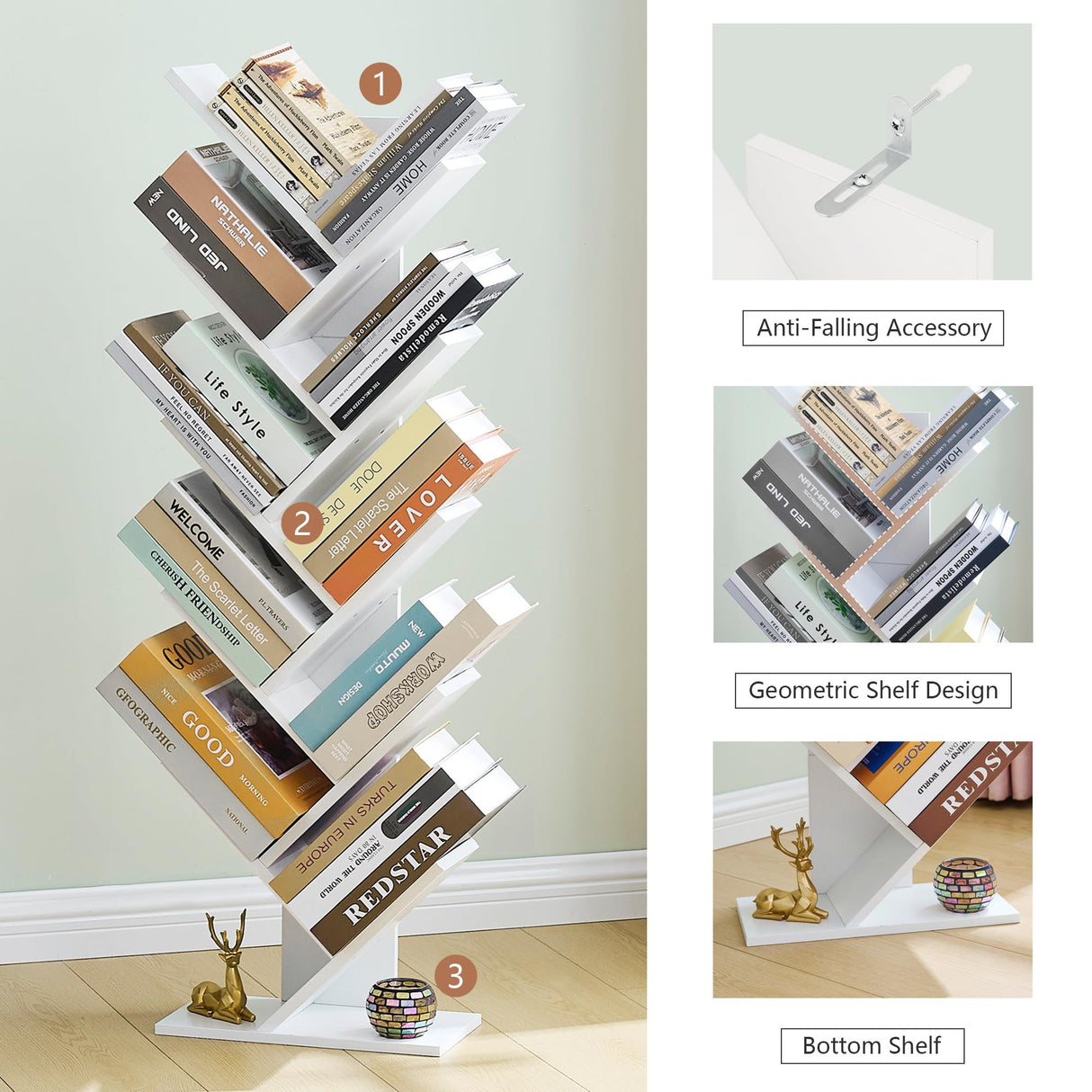 Hoctieon 10 Tier Tree Bookshelf, 10 Shelf Bookcase, Free Standing Tree Bookcase, Display Floor Standing Shelf for Books, Book Shelf Organizer, White Hoctieon