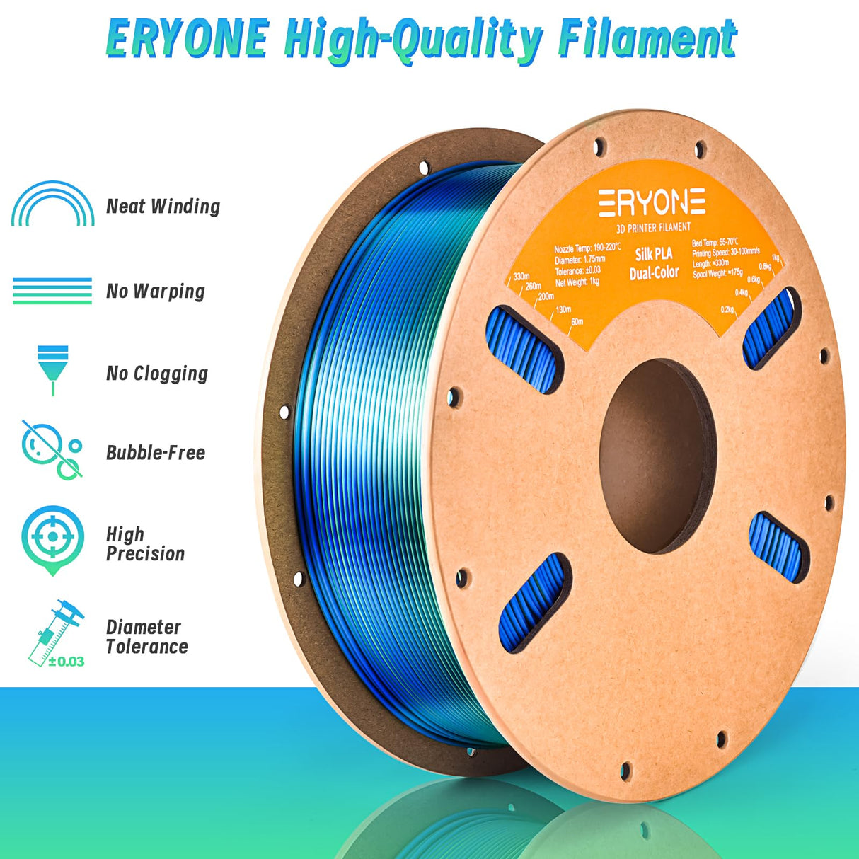 ERYONE Silk Dual Color PLA Filament 3D Printer 1.75mm +/- 0.03mm, Bicolor Filament Two Tone PLA Bundle 2KG Cardboard Spool, Blue Green ERYONE