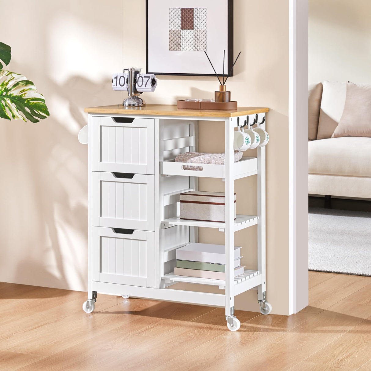 Yaheetech Kitchen Island Cart on Wheels with Bamboo Countertop, Rolling Serving Utility Trolley Cart with 3 Drawers, 3 Removable Shelves & Lockable Casters, Storage Cabinet for Dining Room, Bar, White Yaheetech